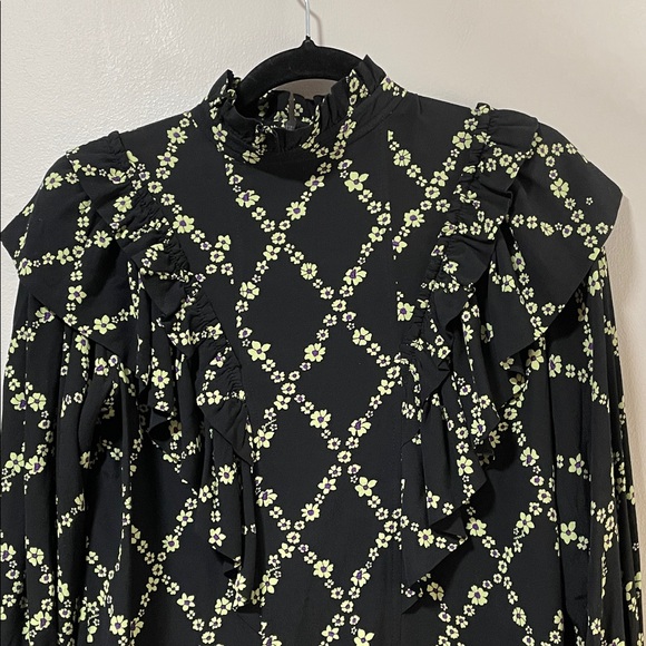 Ganni Crepe Margarita Black Mini Dress with Green Floral Lattice - Picture 9 of 17